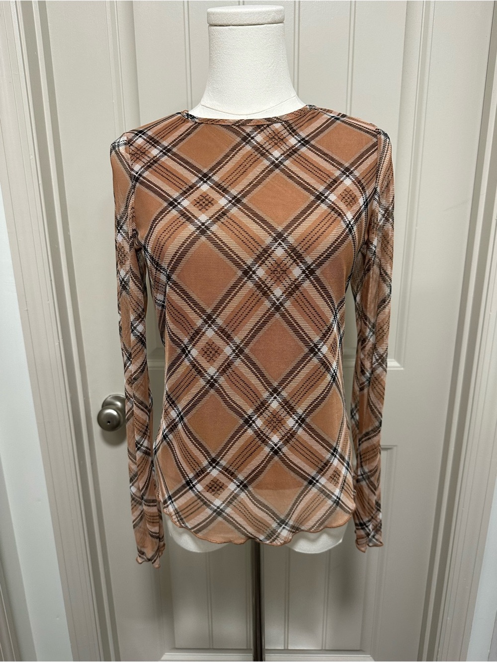 Crown of Hearts Mesh  Tan Plaid Long-Sleeve Crewneck Top